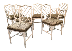 Set of 6 Upholstered Chinese Chippendale Faux Bamboo Dining Chairs