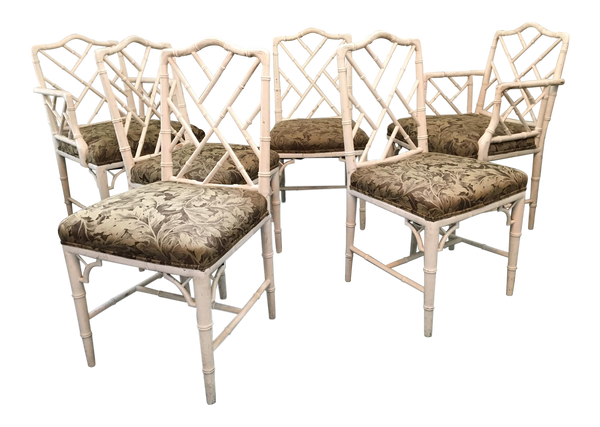 Set of 6 Upholstered Chinese Chippendale Faux Bamboo Dining Chairs