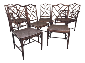 Set of 6 Chinese Chippendale Faux Bamboo Dining Chairs