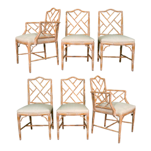 Chinese Chippendale Faux Bamboo Dining Chairs, Set of 6