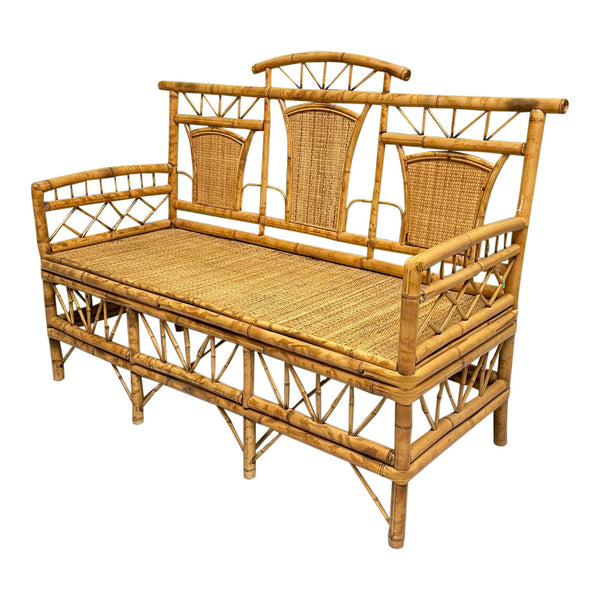 Chinoiserie Style Bamboo and Woven Wicker Loveseat Bench