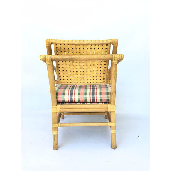 Brown Jordan Leather and Rattan Bamboo Dining Arm Chairs rear view