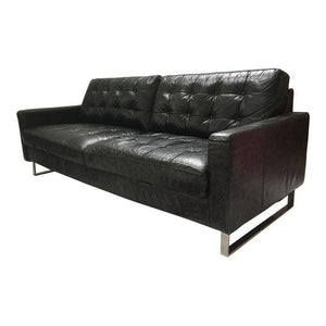 Mid Century Black Leather and Chrome Tufted Sofa After Milo Baughman