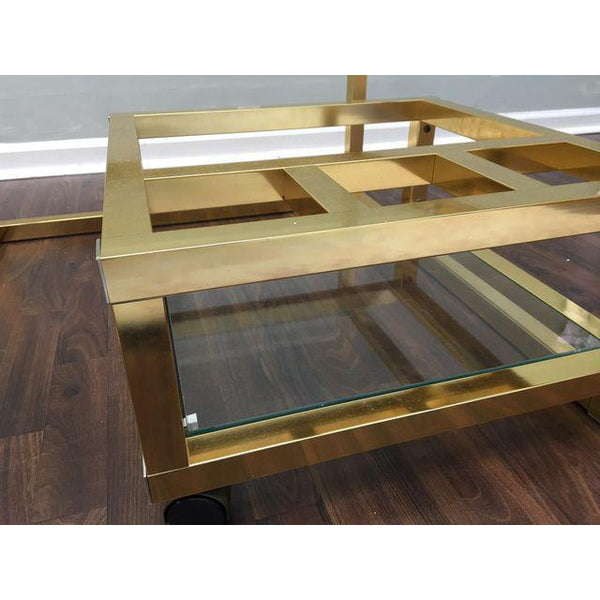 Cubist Brass Swivel Coffee Table with Wine Rack After Milo Baughman close up