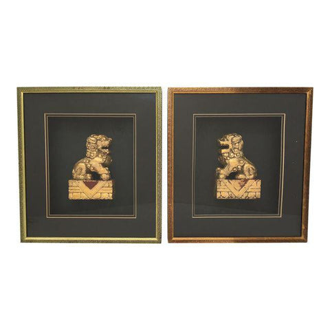 Pair of Framed Asian Chinoiserie Gold Gilt Foo Dog Sculptures