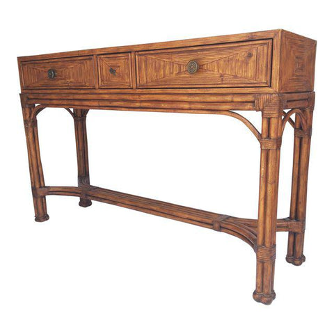 Ethan Allen Burnt Bamboo Rattan 3 Drawer Console Table