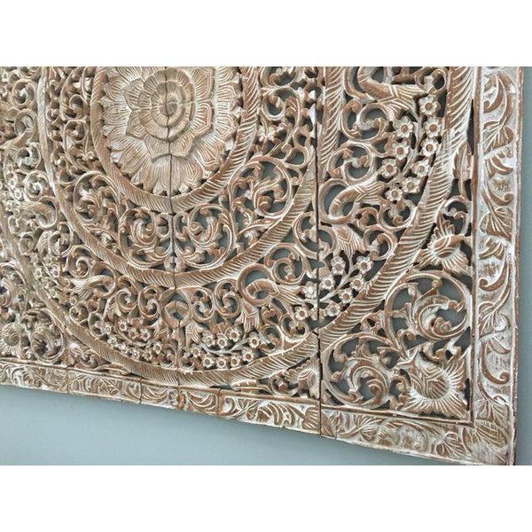 Burmese White Teak Wood Carved Lotus Panel Wall Hanging bottom