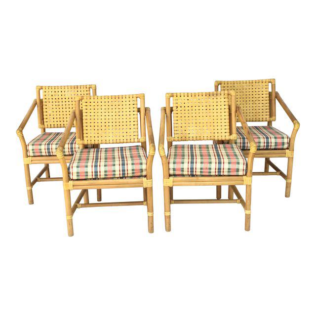 Brown Jordan Leather and Rattan Bamboo Dining Arm Chairs