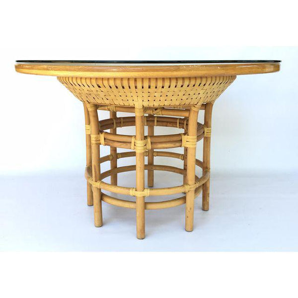 Brown Jordan Leather Rattan Bamboo Round Dining Table side view