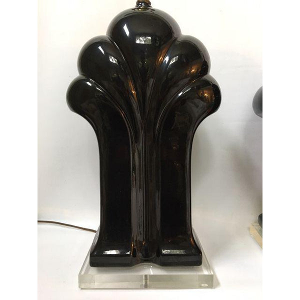 Pair of Art Deco Black Ceramic and Lucite Waterfall Table Lamps