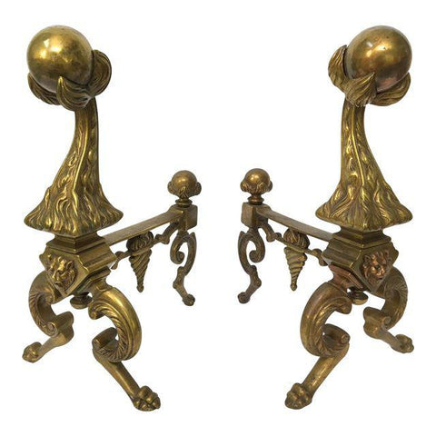 Pair of Solid Brass Lion Head Fire Ball Andirons