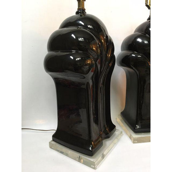 Pair of Art Deco Black Ceramic and Lucite Waterfall Table Lamps side view