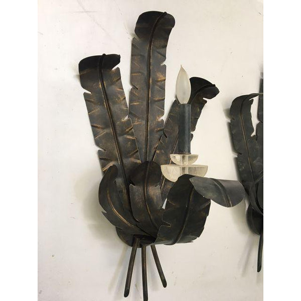 Pair of Large Tole Metal Banana and Palm Leaf Wall Sconces