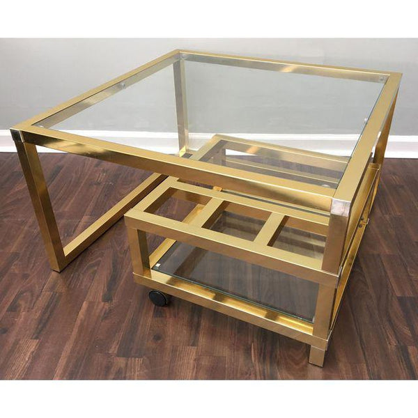 Cubist Brass Swivel Coffee Table with Wine Rack After Milo Baughman closed