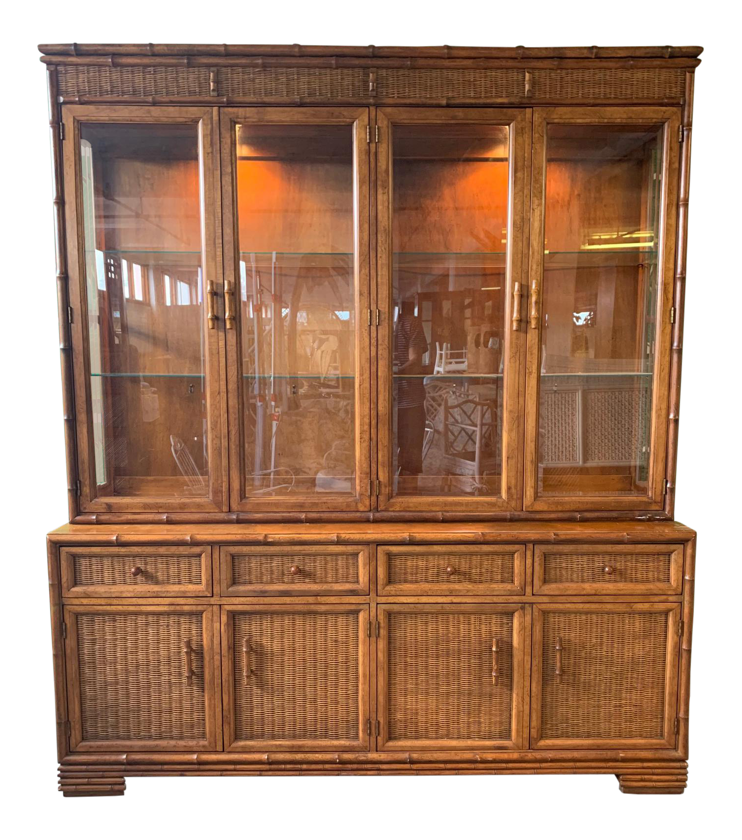 Faux Bamboo and Rattan China Cabinet by American of Martinsville