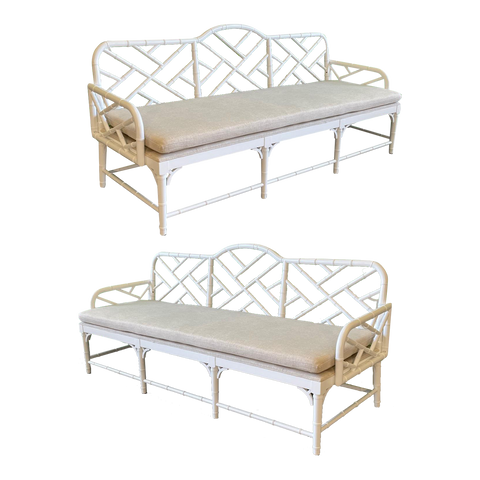 Faux Bamboo Chinese Chippendale Garden Sofas, a Pair