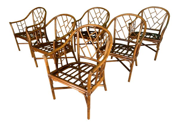 Faux Bamboo Chinoiserie Rattan Arm Chairs, Set of 6