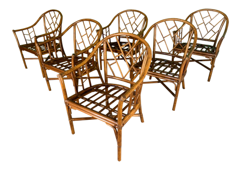 Faux Bamboo Chinoiserie Rattan Arm Chairs, Set of 6