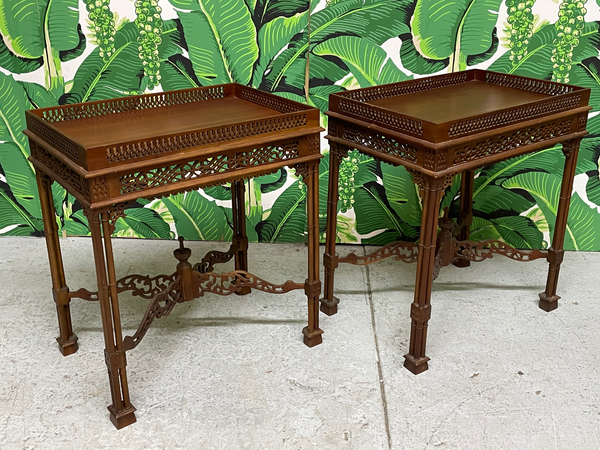 Faux Bamboo Fretwork End Tables, a Pair front view