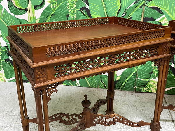 Faux Bamboo Fretwork End Tables, a Pair close up
