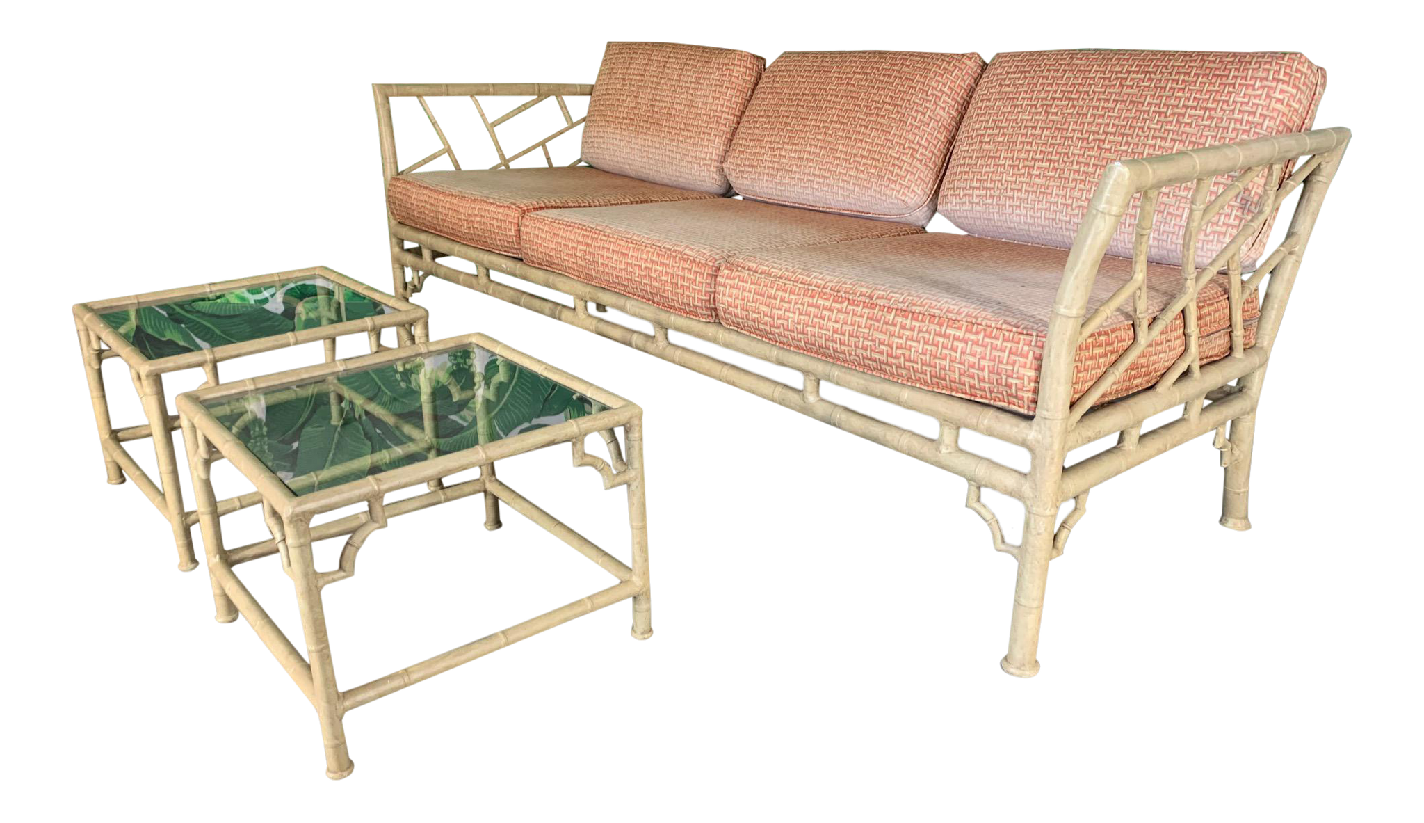 Faux Bamboo Metal Chinoiserie Patio Sofa and Tables by Meadowcraft