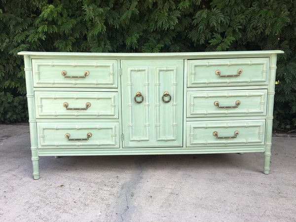 Faux Bamboo Mid Century 9-Drawer Dresser front side