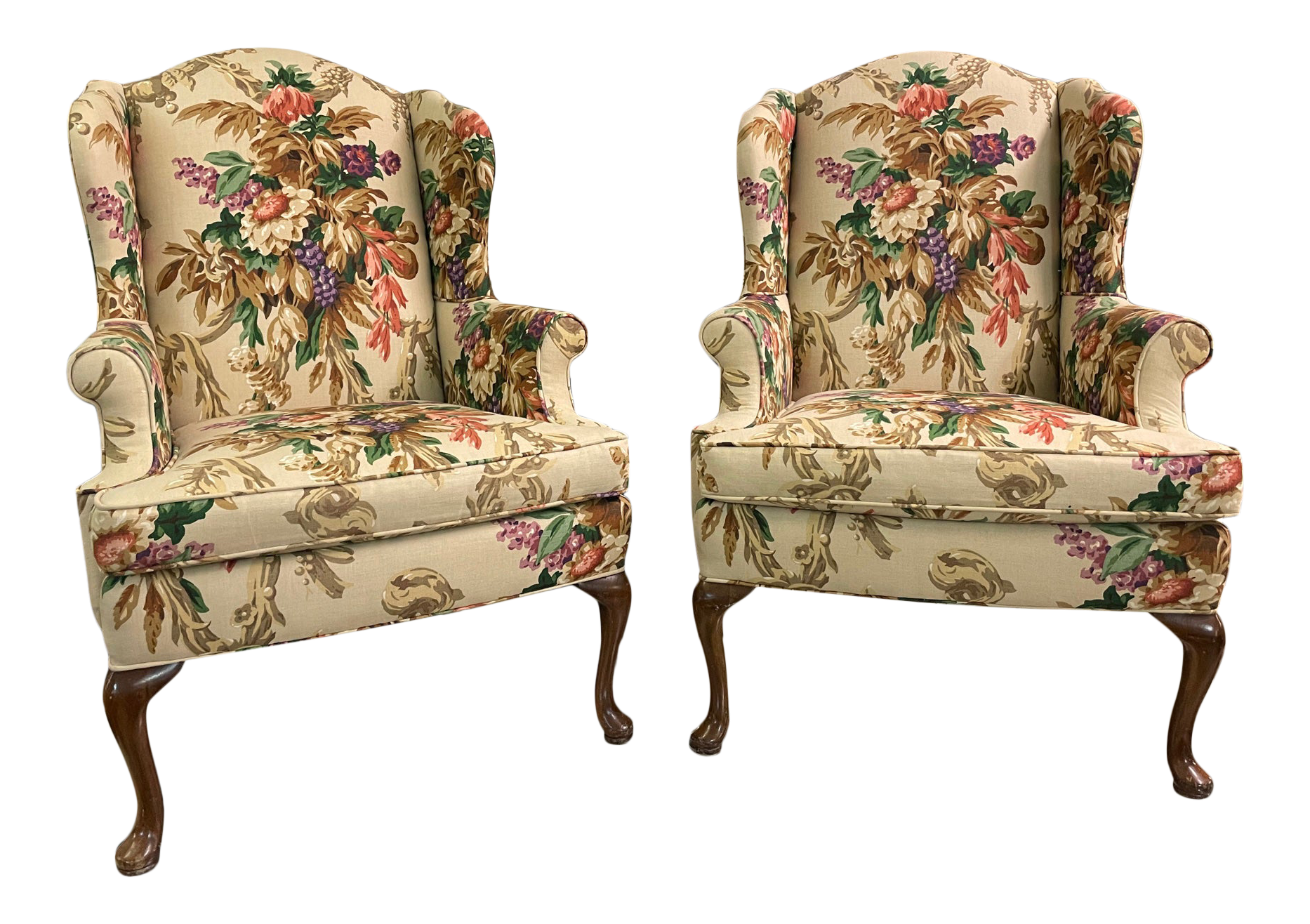 Floral Upholstered Wingback Chairs, A Pair