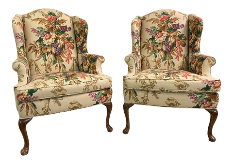 Floral Upholstered Wingback Chairs, A Pair