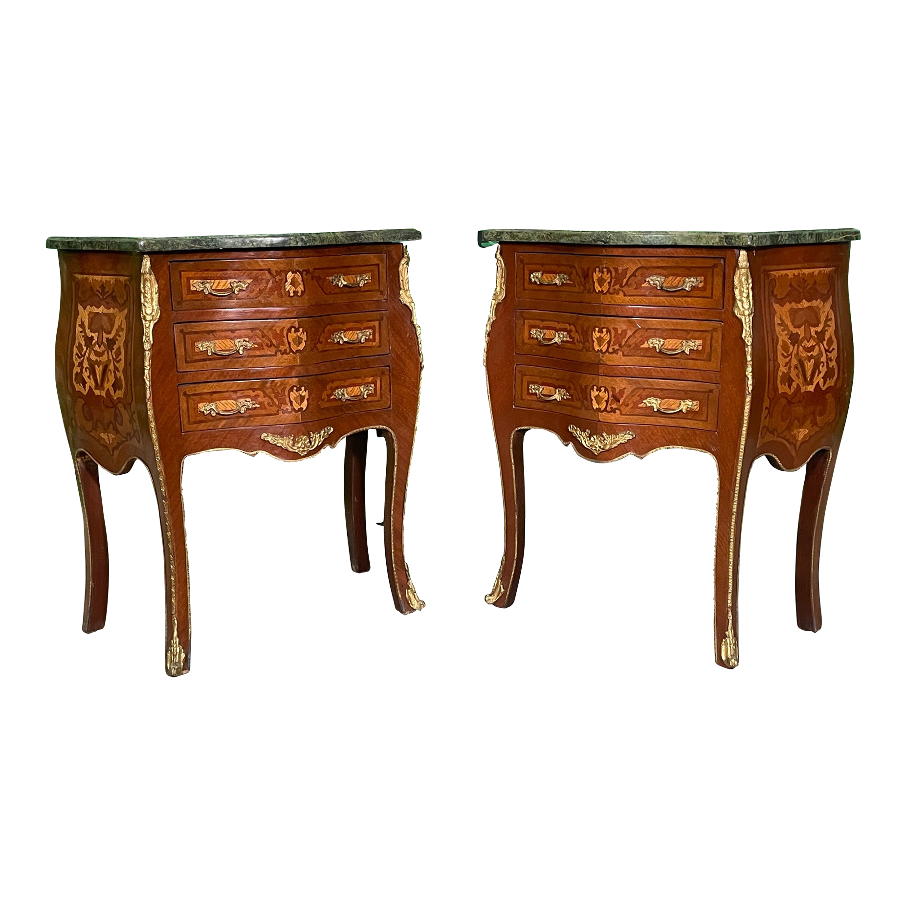 French Louis XV Style End Tables With Ormolu Trim and Green Marble Tops, a Pair