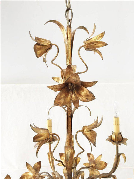 Gold Gilt Italian Tole Lily 6-Light Chandelier
