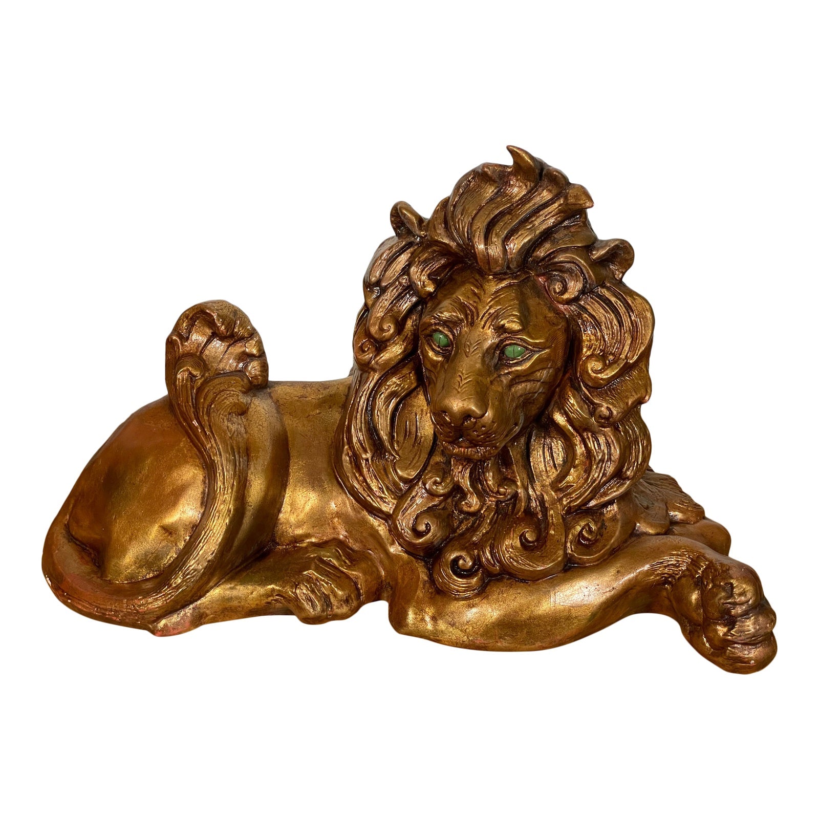 Gold Sitting Lion Statue With Jade Eyes by California Pottery