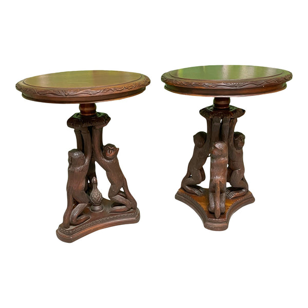 Hand Carved Monkey Pedestal Tables, a Pair