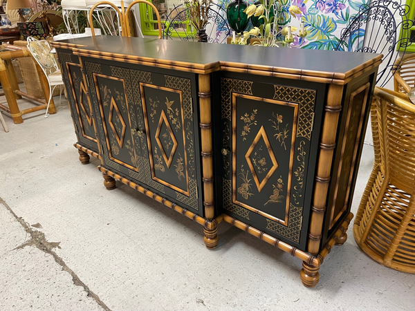 Hand Painted Faux Bamboo Breakfront Credenza