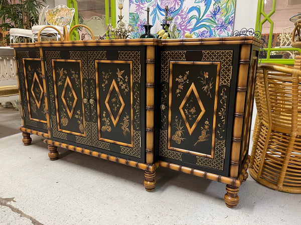 Hand Painted Faux Bamboo Breakfront Credenza