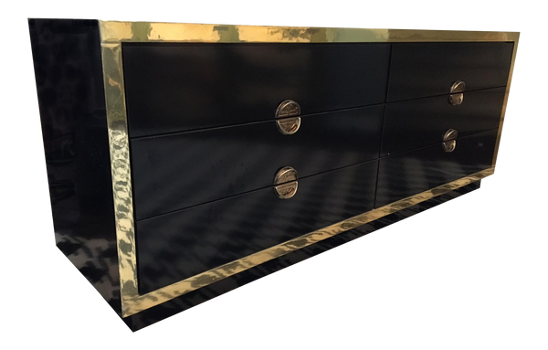 Hollywood Regency Black Lacquer and Brass Asian Dresser