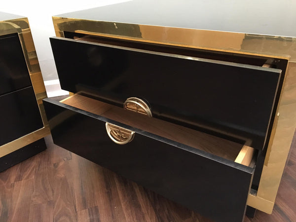 Pair of Hollywood Regency Black Lacquer and Brass Asian Nightstands drawers