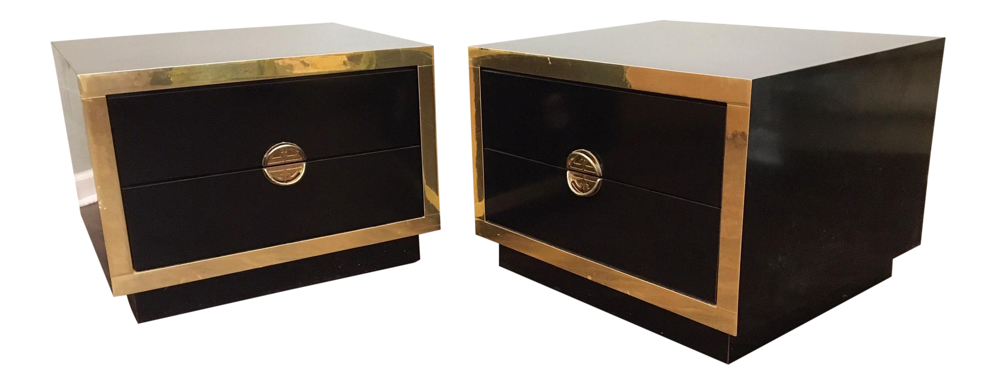 Pair of Hollywood Regency Black Lacquer and Brass Asian Nightstands