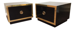 Pair of Hollywood Regency Black Lacquer and Brass Asian Nightstands