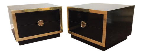 Pair of Hollywood Regency Black Lacquer and Brass Asian Nightstands