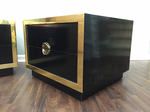 Pair of Hollywood Regency Black Lacquer and Brass Asian Nightstands side view