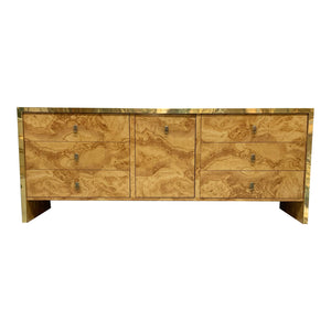 Hollywood Regency Burl Wood and Brass Credenza