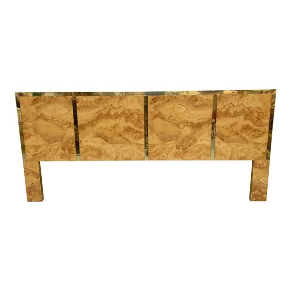 Hollywood Regency Burl Wood and Brass King Size Headboard