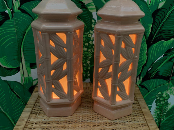 Hollywood Regency Faux Bamboo Chinoiserie Table Lamps, a Pair close up