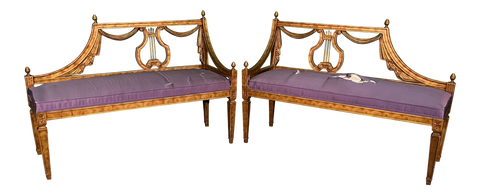 Hollywood Regency Lyre Back Carved Benches, a Pair