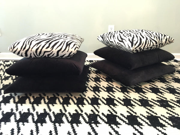 Hollywood Regency Stacked Pillow Velvet Zebra Footstools front and side view