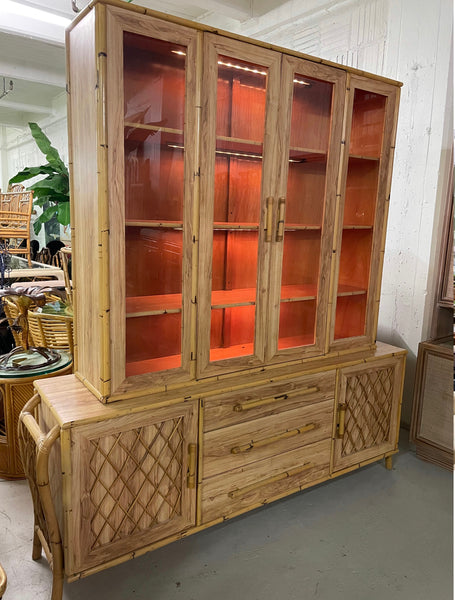 Bamboo and Rattan Sculptural Lighted China Cabinet