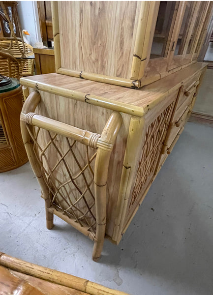 Bamboo and Rattan Sculptural Lighted China Cabinet