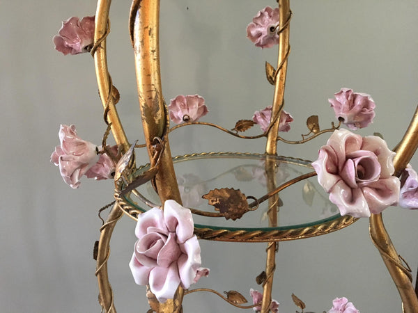Italian Florentine Tole Gold Gilt Etagere With Porcelain Roses close up front