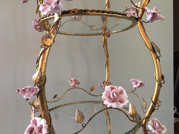 Italian Florentine Tole Gold Gilt Etagere With Porcelain Roses details