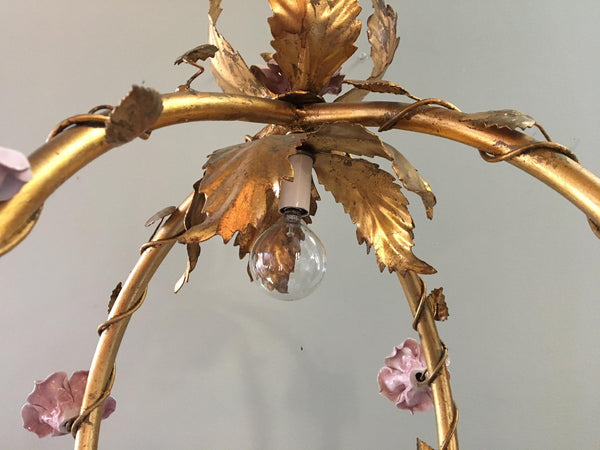 Italian Florentine Tole Gold Gilt Etagere With Porcelain Roses lamp